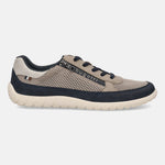 Side view of a bugatti Bermudas taupe Comfort sneaker featuring a mesh upper, zipper detail, and dark blue trim.
