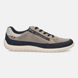 Side view of a bugatti Bermudas taupe Comfort sneaker featuring a mesh upper, zipper detail, and dark blue trim.

