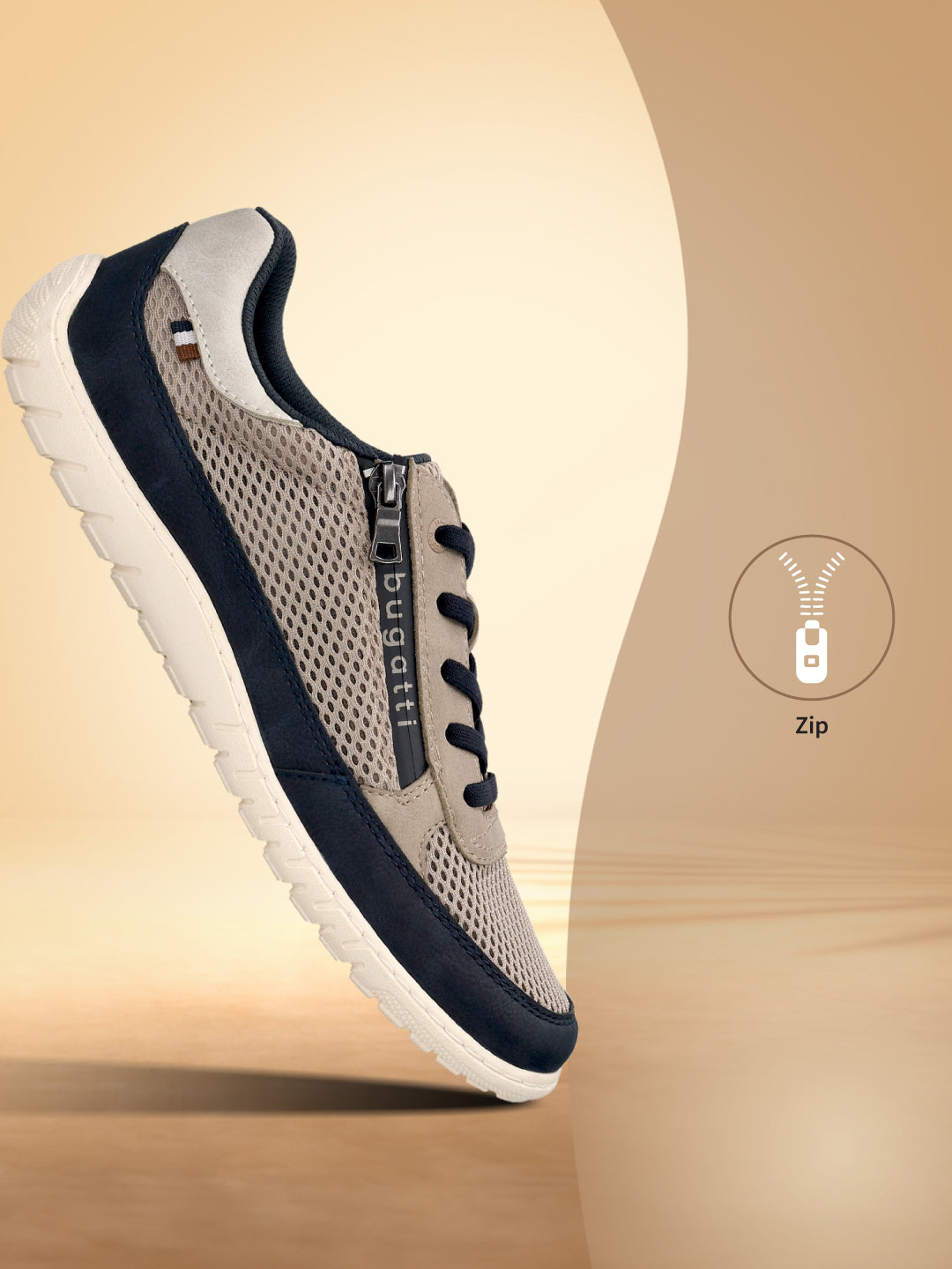 Side view of a bugatti Bermudas taupe comfort sneaker featuring a side zipper and a navy trim.
