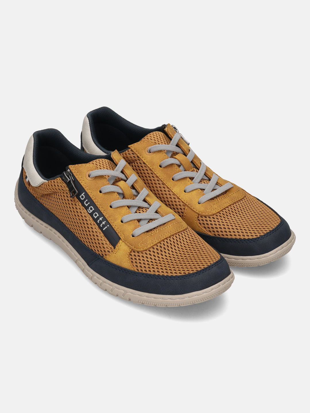 bugatti Bermudas yellow comfort sneakers with mesh uppers, dark blue trim, and gray laces.
