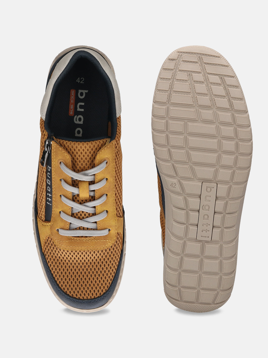 Bugatti Bermudas yellow comfort sneakers with gray laces and a mesh pattern. The sole is tan and textured.