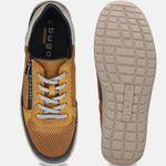 Bugatti Bermudas yellow comfort sneakers with gray laces and a mesh pattern. The sole is tan and textured.