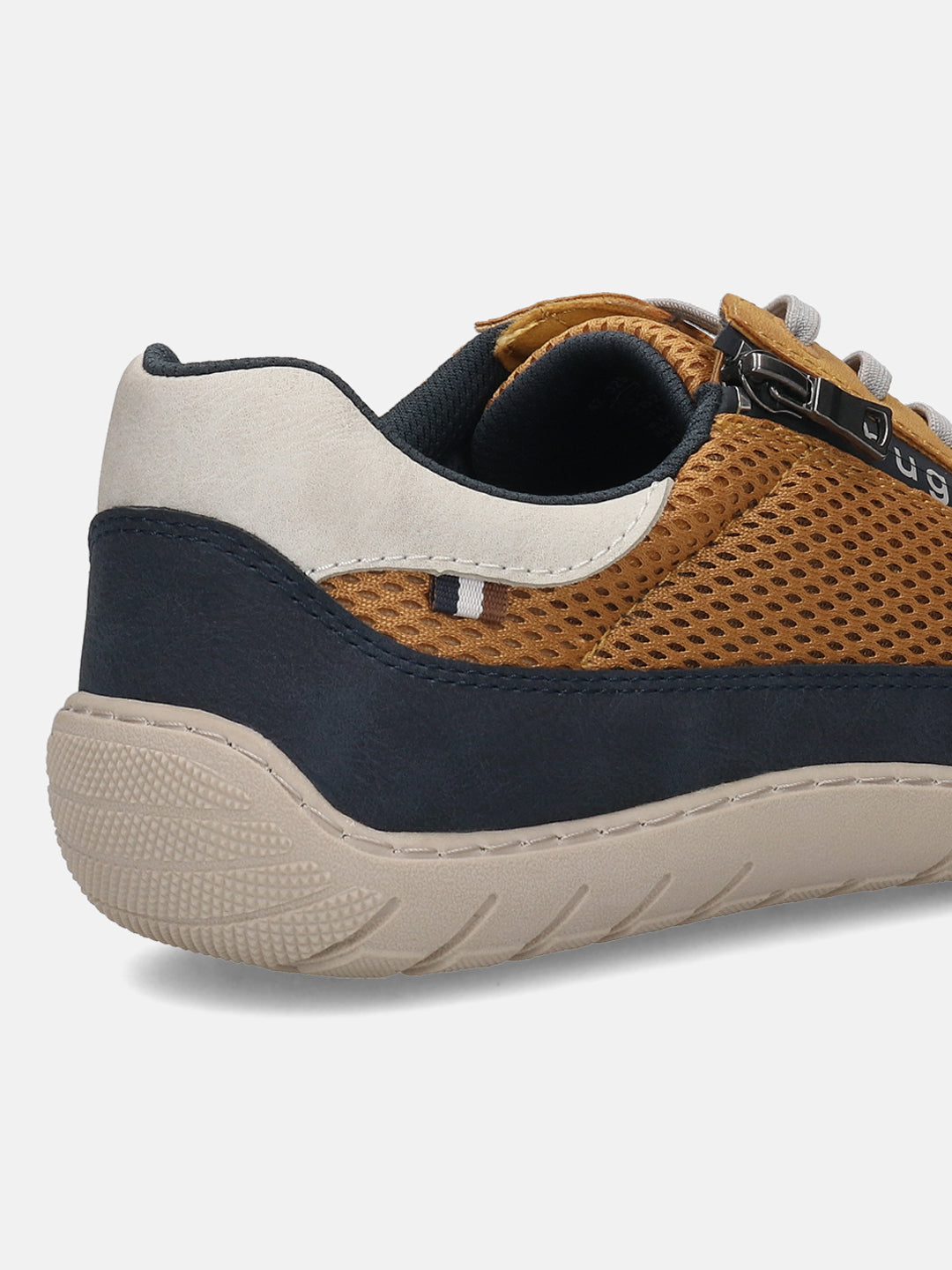 Cropped view of a bugatti Bermudas sneaker in yellow mesh with dark blue and beige accents.