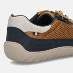 Cropped view of a bugatti Bermudas sneaker in yellow mesh with dark blue and beige accents.