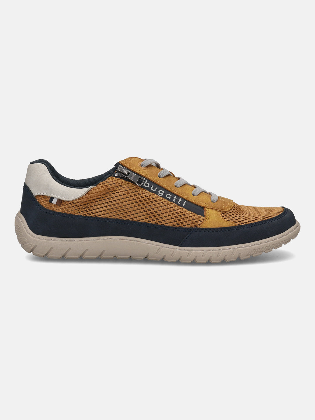 Side view of a bugatti Bermudas yellow comfort sneaker featuring mesh fabric, dark blue trim, and a light brown sole.