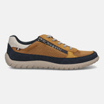 Side view of a bugatti Bermudas yellow comfort sneaker featuring mesh fabric, dark blue trim, and a light brown sole.