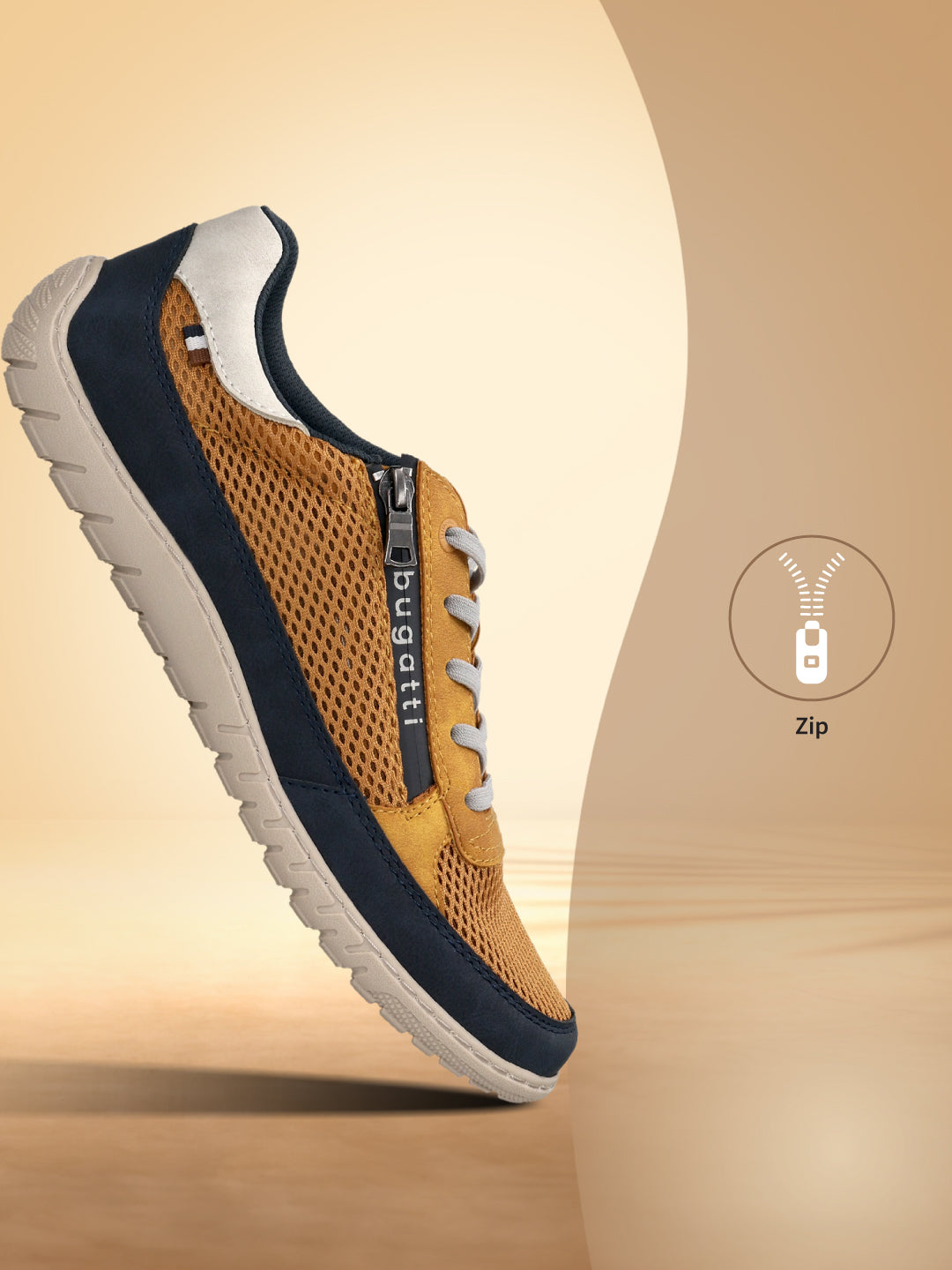 Side view of a bugatti Bermudas yellow Comfort sneaker, featuring a gold mesh upper, navy trim, and a side zipper.

