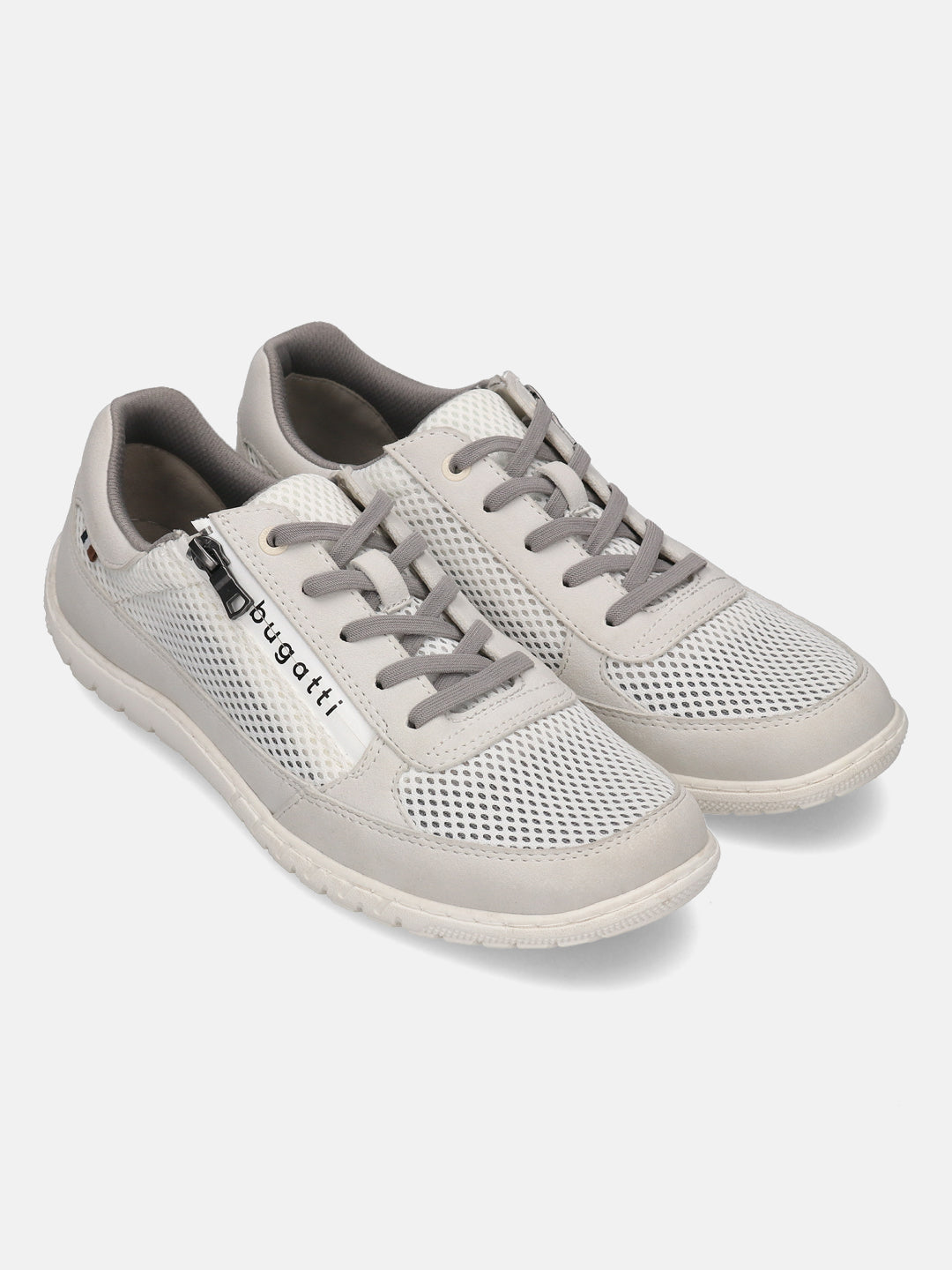 bugatti white comfort sneakers with mesh panels, gray laces and a side zipper detail.