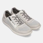 bugatti white comfort sneakers with mesh panels, gray laces and a side zipper detail.