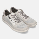 bugatti white comfort sneakers with mesh panels, gray laces and a side zipper detail.