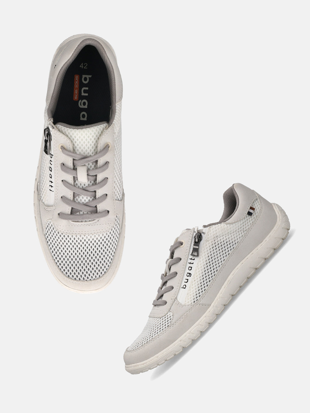 Bugatti Bermudas white Comfort Sneakers. The sneakers feature a white mesh upper with gray suede trim and laces. Visible zipper detail on side.