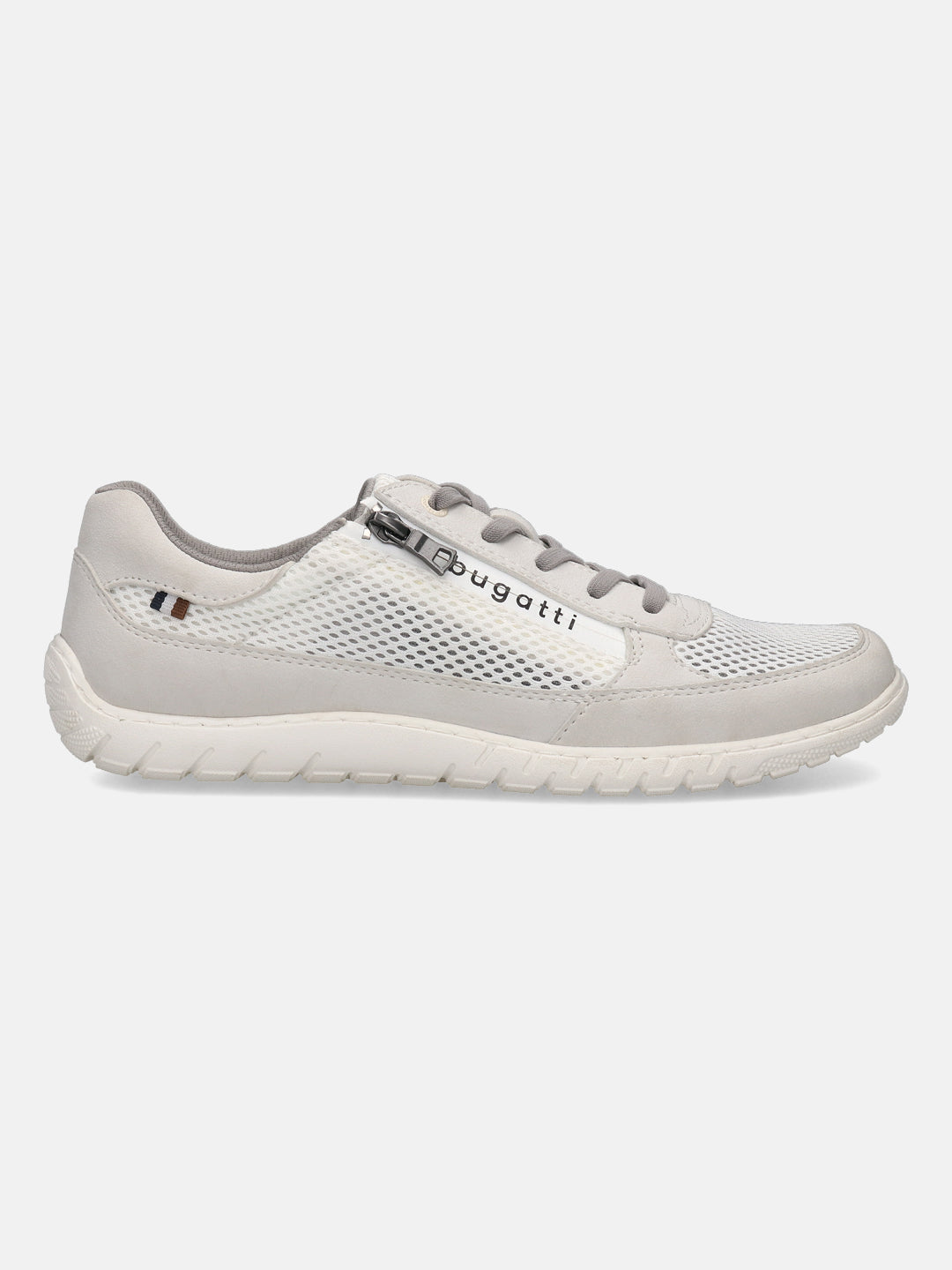 Side view of a bugatti Bermudas comfort sneaker in white, featuring a breathable mesh upper and a side zipper.
