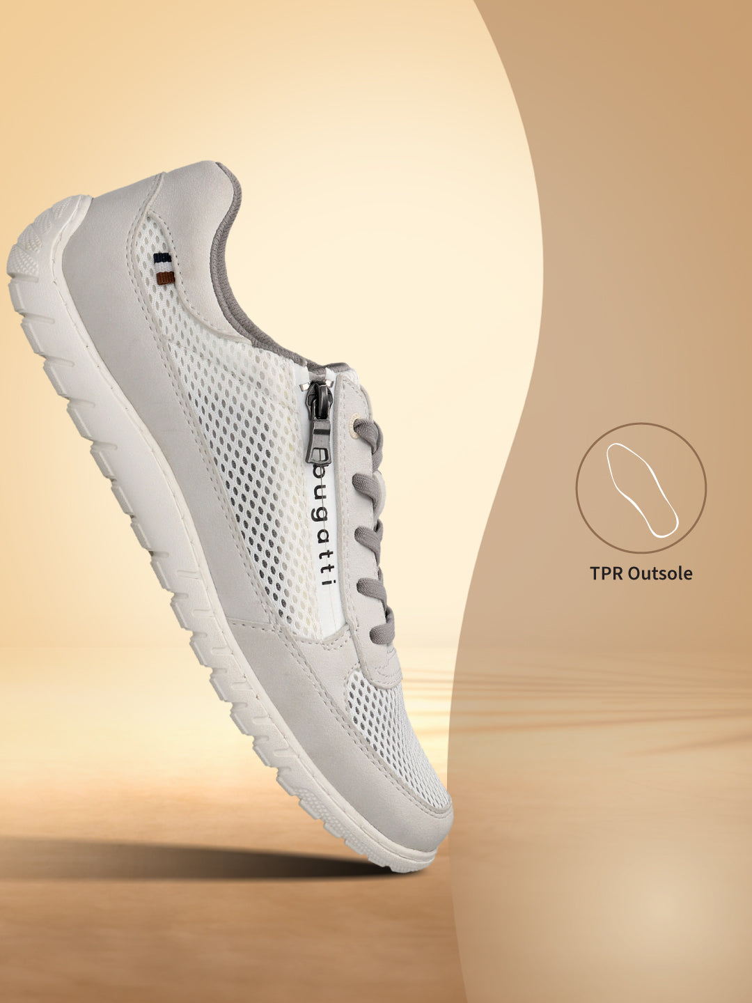 Side view of a white bugatti sneaker with a mesh upper, a zipper detail, and gray laces.
