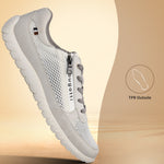 Side view of a white bugatti sneaker with a mesh upper, a zipper detail, and gray laces.
