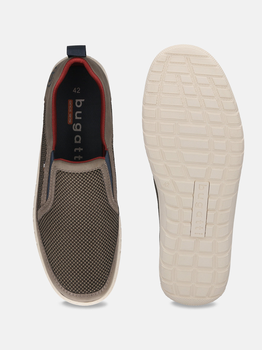 Bugatti Bermudas dark grey slip-on casual shoes, featuring a textured upper and a white sole.
