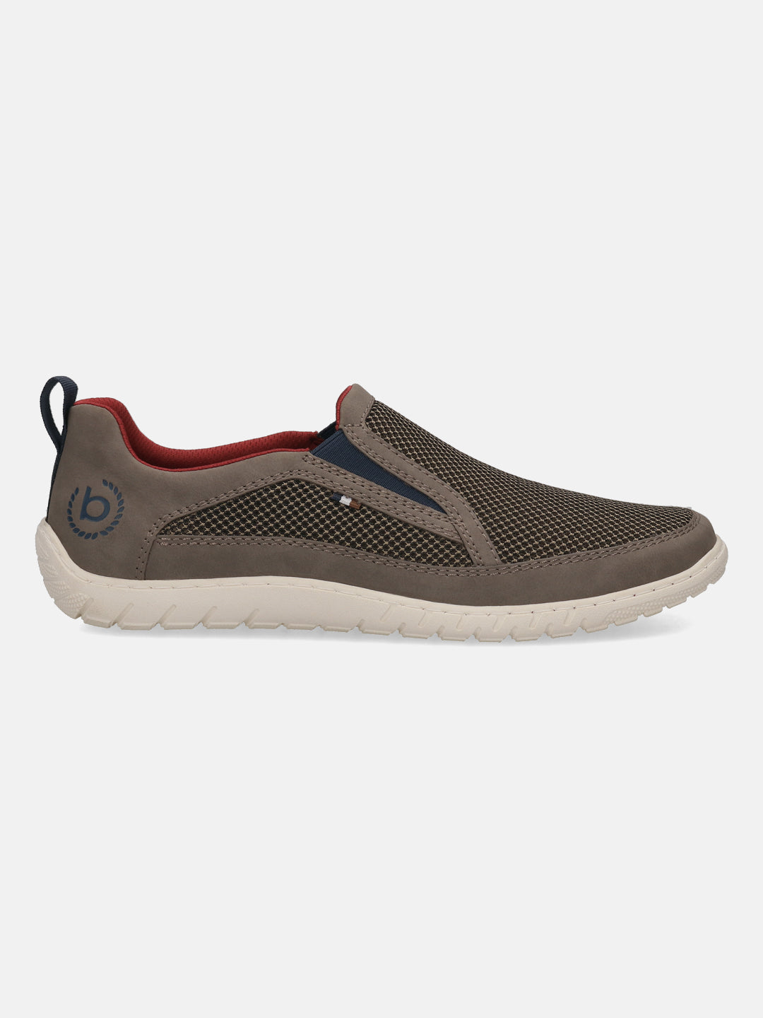 Side view of a dark gray bugatti comfort slip-on shoe, with a mesh upper and light-colored sole.