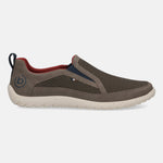 Side view of a dark gray bugatti comfort slip-on shoe, with a mesh upper and light-colored sole.