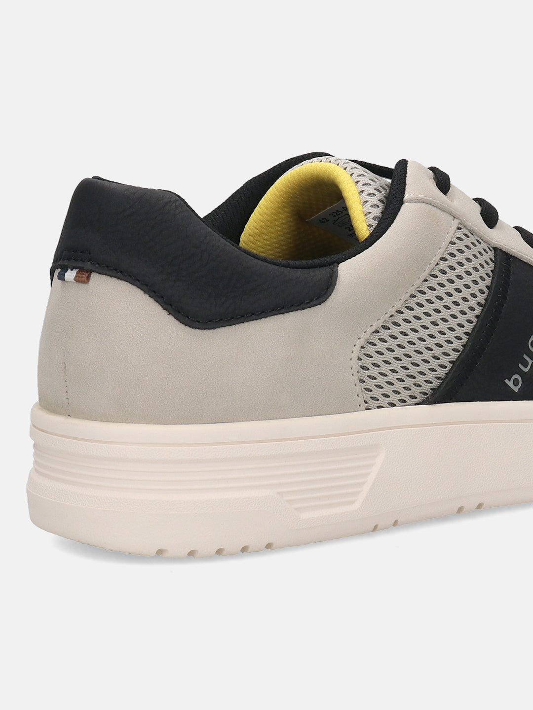 Cropped back view of the bugatti Mackay light grey Comfort Sneakers, with a black heel and yellow cushioned interior.