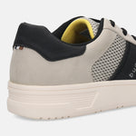 Cropped back view of the bugatti Mackay light grey Comfort Sneakers, with a black heel and yellow cushioned interior.