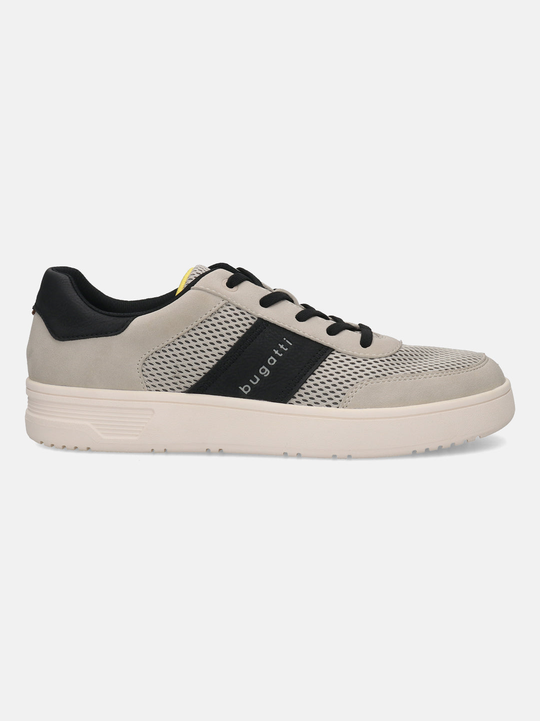 Side view of the bugatti Mackay light grey comfort sneaker, featuring black stripes and laces, and a thick, pale sole.
