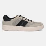 Side view of the bugatti Mackay light grey comfort sneaker, featuring black stripes and laces, and a thick, pale sole.
