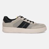 Side view of the bugatti Mackay light grey comfort sneaker, featuring black stripes and laces, and a thick, pale sole.
