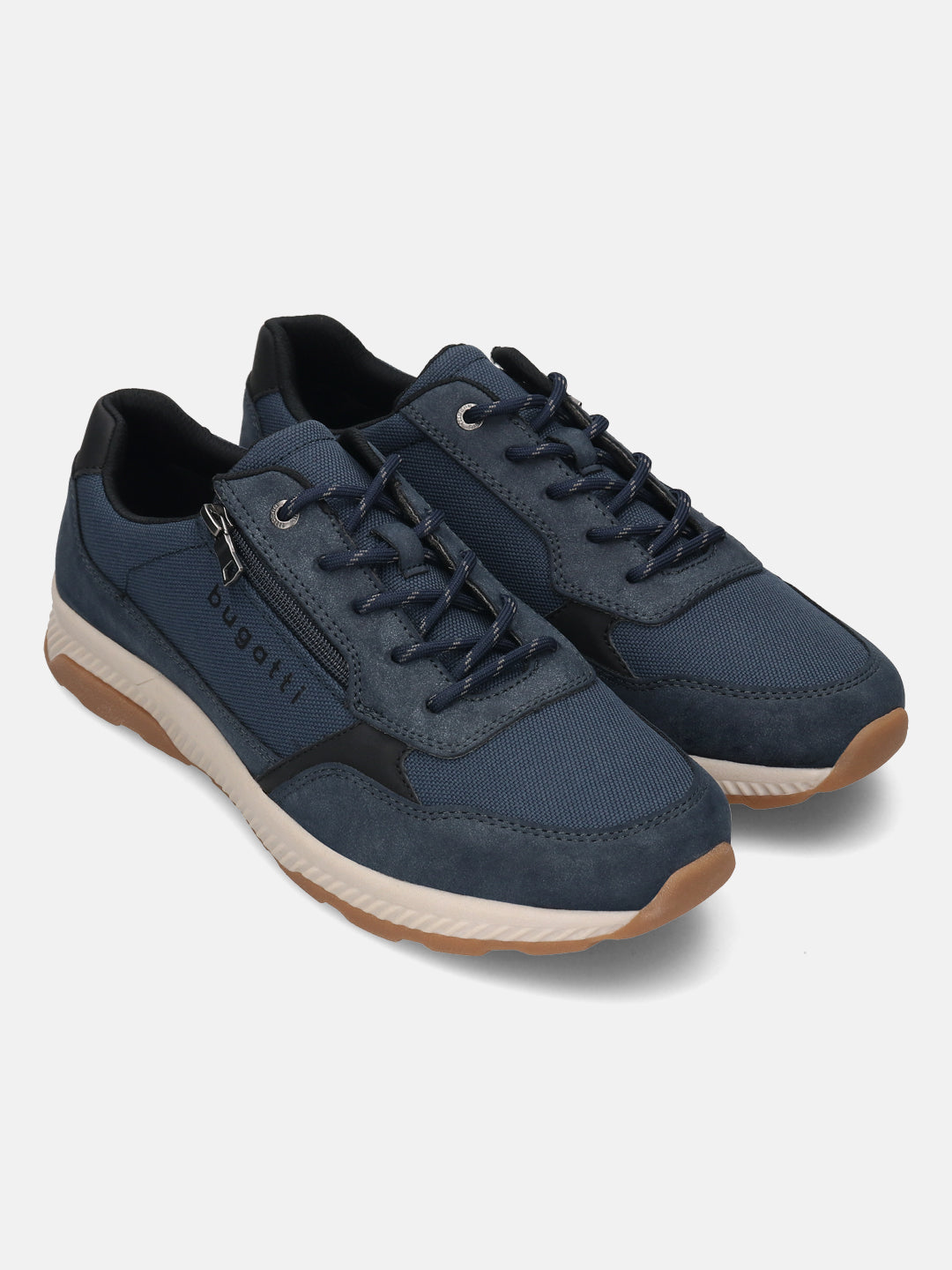 bugatti Jerit comfort sneakers in dark blue with suede and textile details, laces, and a zipper.
