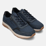 bugatti Jerit comfort sneakers in dark blue with suede and textile details, laces, and a zipper.
