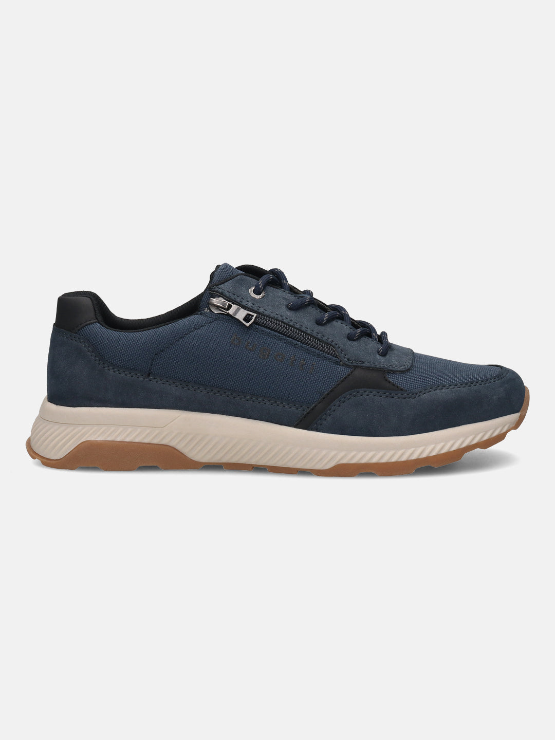 Side view of a dark blue bugatti comfort sneaker featuring a suede and textile upper with a side zipper.