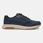 Side view of a dark blue bugatti comfort sneaker featuring a suede and textile upper with a side zipper.