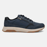 Side view of a dark blue bugatti comfort sneaker featuring a suede and textile upper with a side zipper.