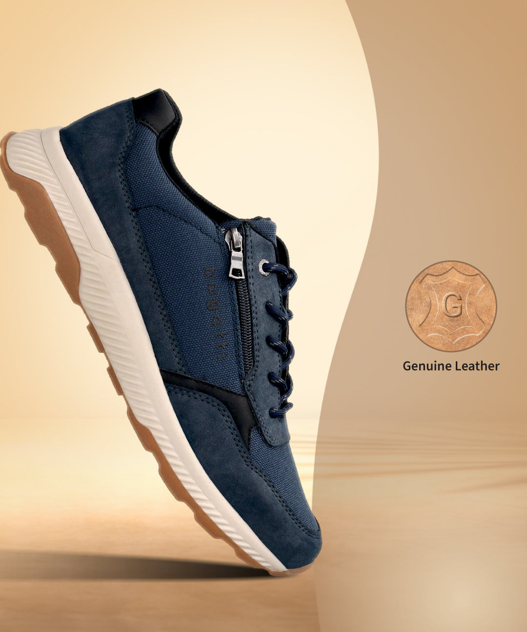 Side view of a dark blue bugatti sneaker with a white midsole and a brown rubber outsole.
