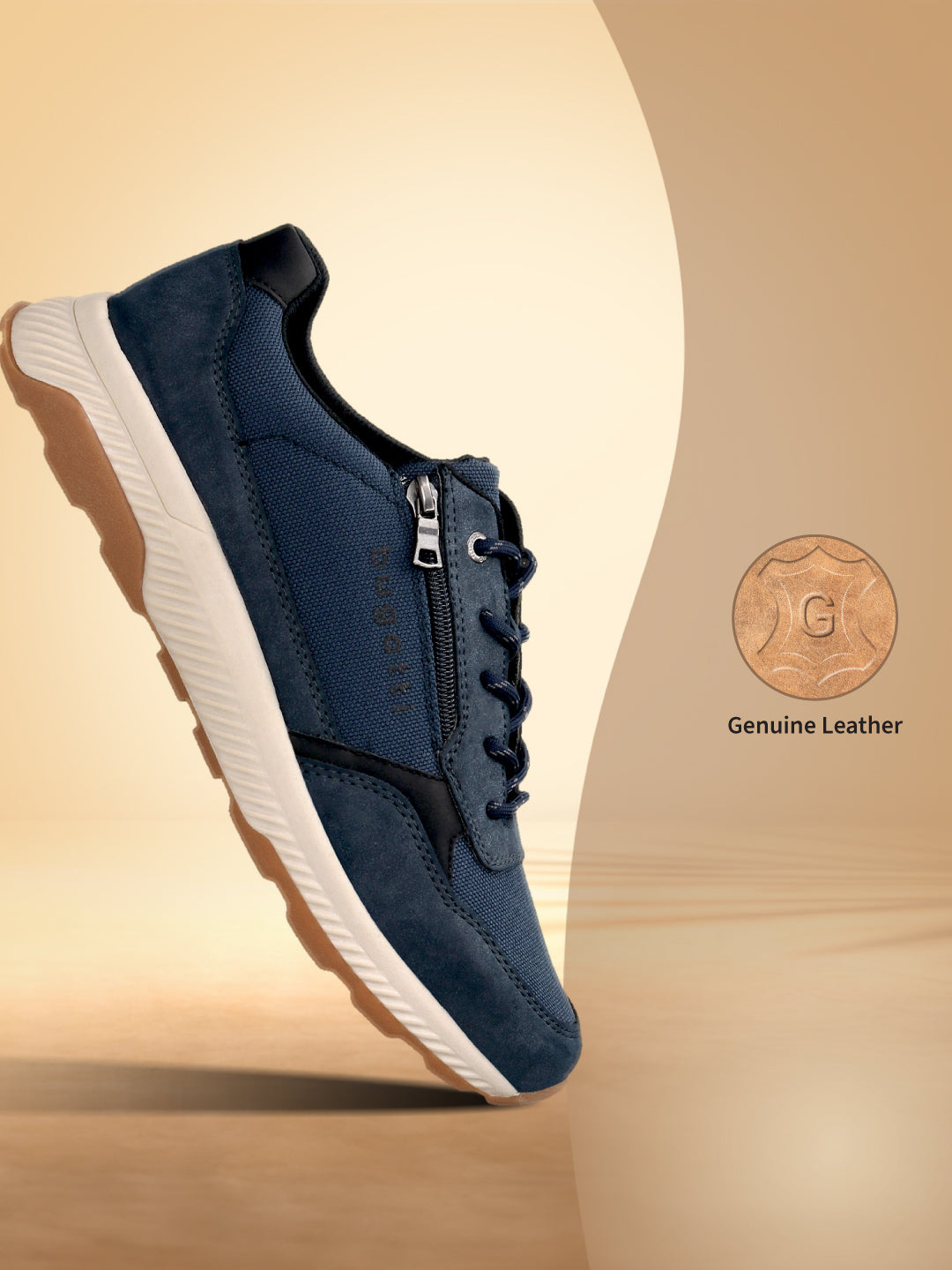 Side view of a dark blue bugatti sneaker with a white midsole and a brown rubber outsole.