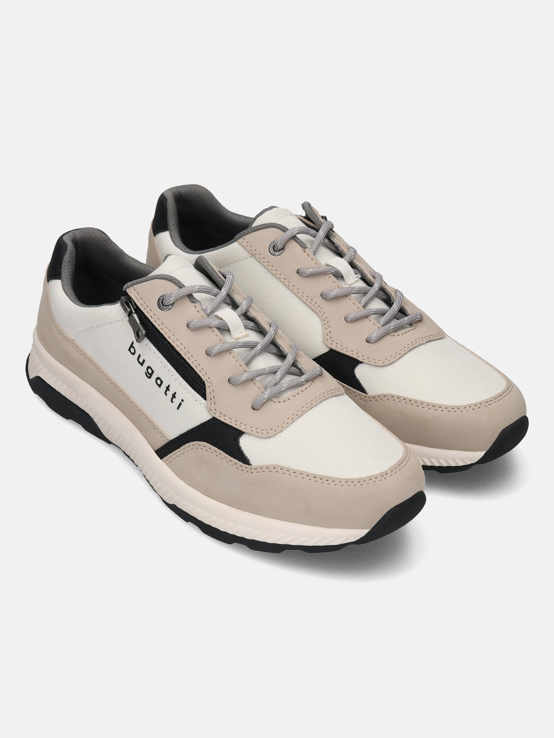 bugatti Jerit comfort sneakers in beige and white with gray laces and black accents.