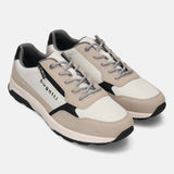 bugatti Jerit comfort sneakers in beige and white with gray laces and black accents.
