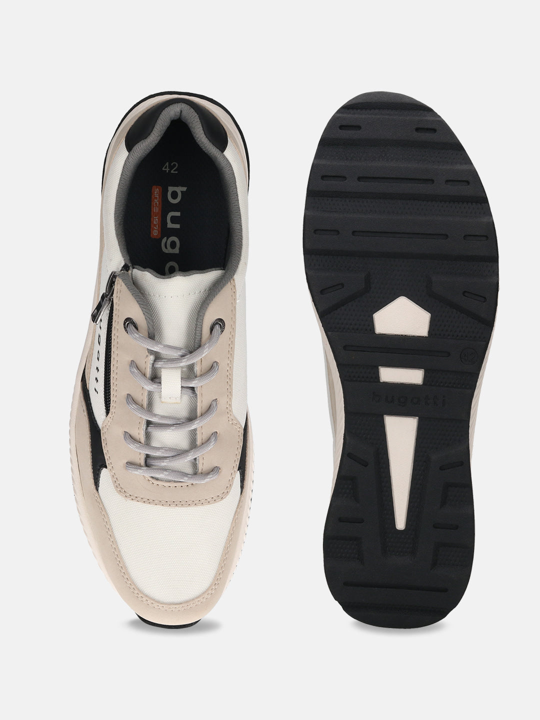 Beige bugatti Jerit comfort sneakers with gray laces, light-colored suede accents, and textured black soles, shown from above.
