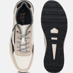 Beige bugatti Jerit comfort sneakers with gray laces, light-colored suede accents, and textured black soles, shown from above.
