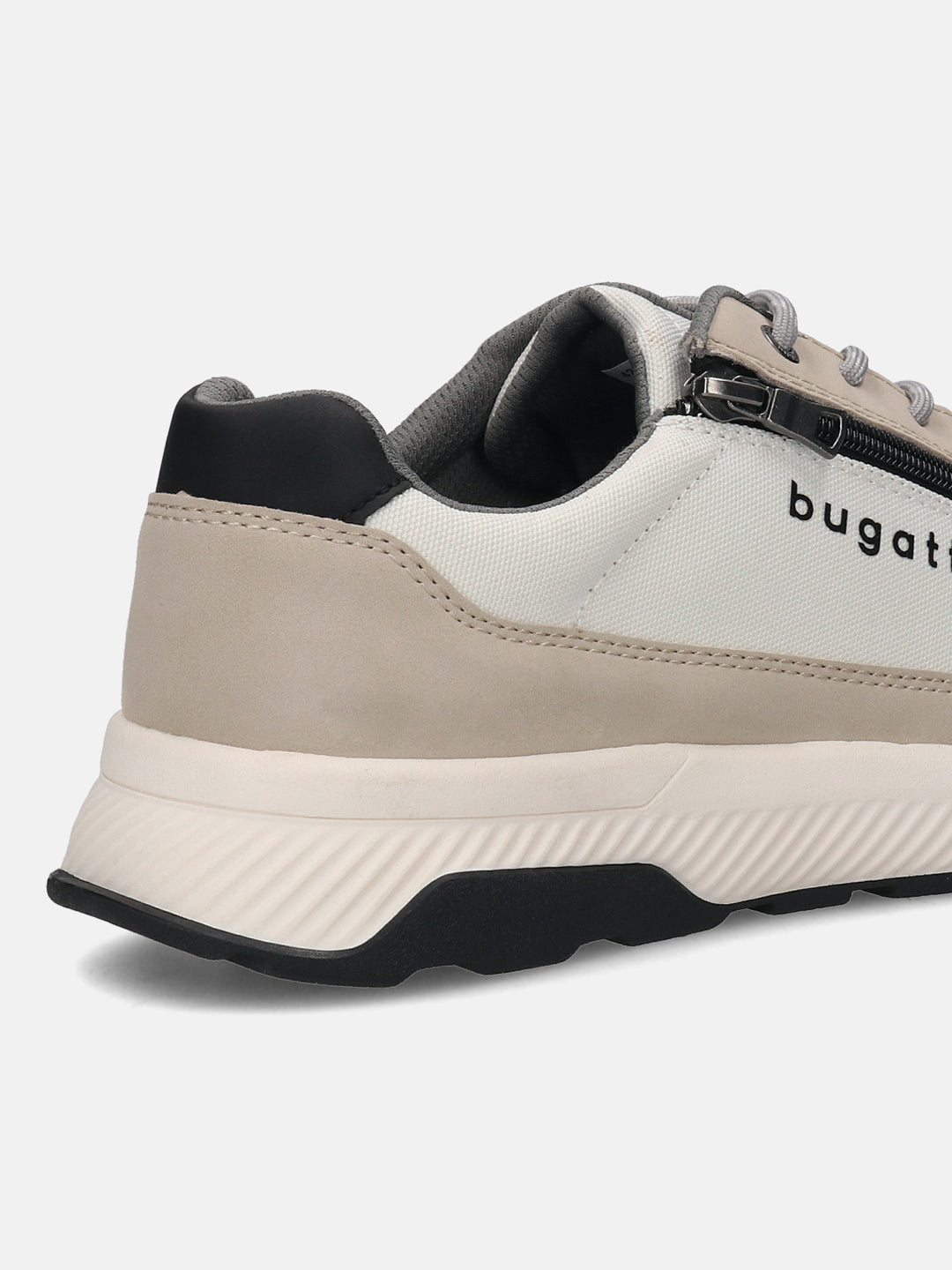 Cropped view of a bugatti Jerit Beige Comfort sneaker, featuring a zipper detail and a two-tone sole.
