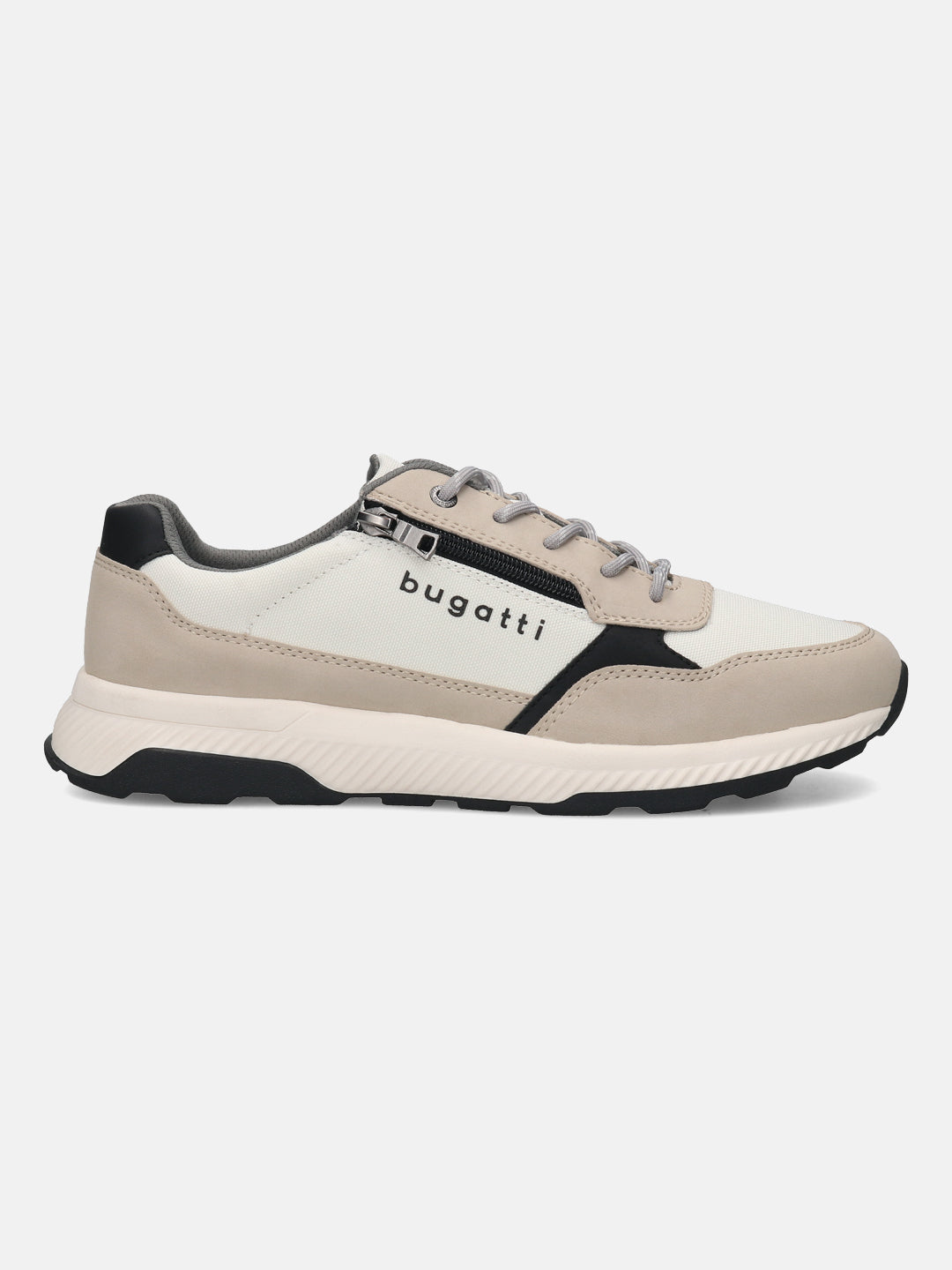 Side view of the bugatti Jerit Beige Comfort Sneakers with a white upper, a beige suede trim, and a black sole.