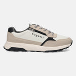 Side view of the bugatti Jerit Beige Comfort Sneakers with a white upper, a beige suede trim, and a black sole.