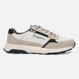 Side view of the bugatti Jerit Beige Comfort Sneakers with a white upper, a beige suede trim, and a black sole.