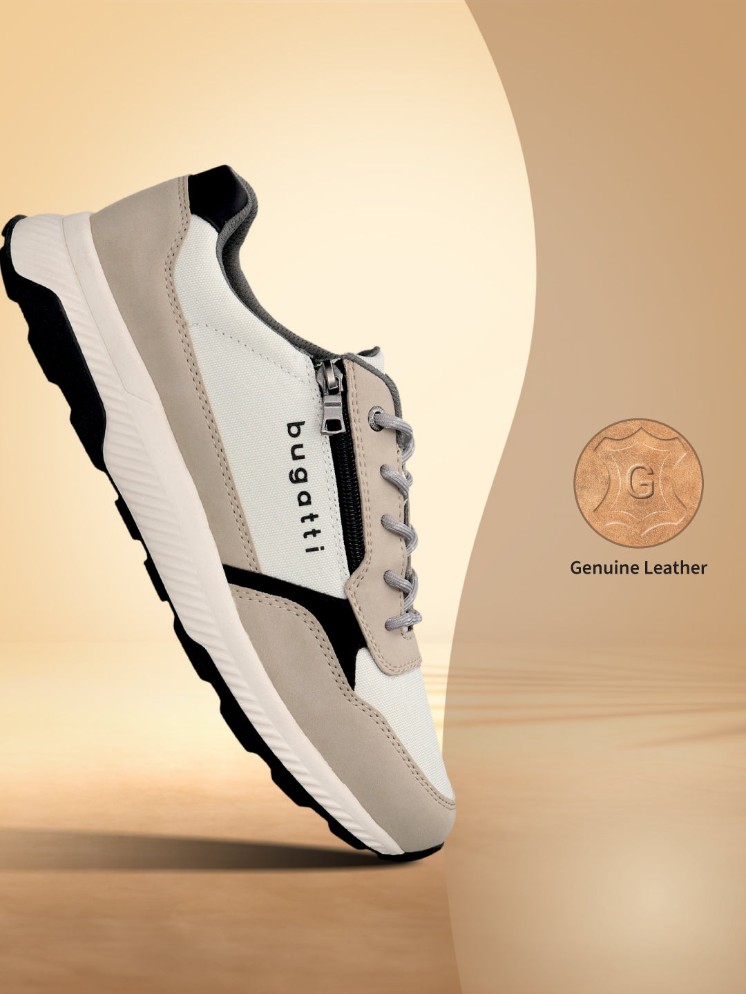 bugatti Jerit beige comfort sneaker with a side zipper, laces, and black outsole.
