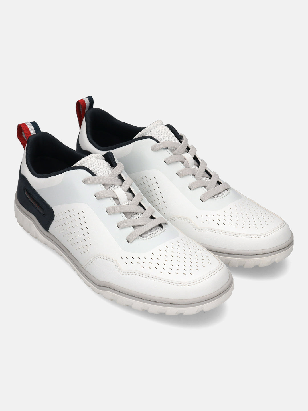 bugatti Samana white Comfort Sneakers with gray laces, accented with navy and red.
