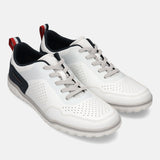 bugatti Samana white Comfort Sneakers with gray laces, accented with navy and red.
