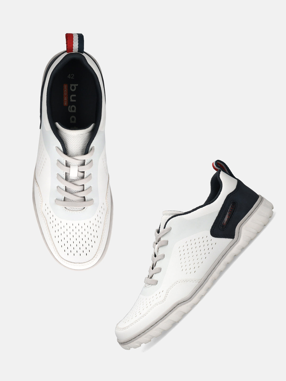 bugatti Samana white Comfort Sneakers shown in two angles, featuring white leather and a perforated design.

