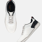 bugatti Samana white Comfort Sneakers shown in two angles, featuring white leather and a perforated design.
