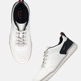 bugatti Samana white Comfort Sneakers shown in two angles, featuring white leather and a perforated design.
