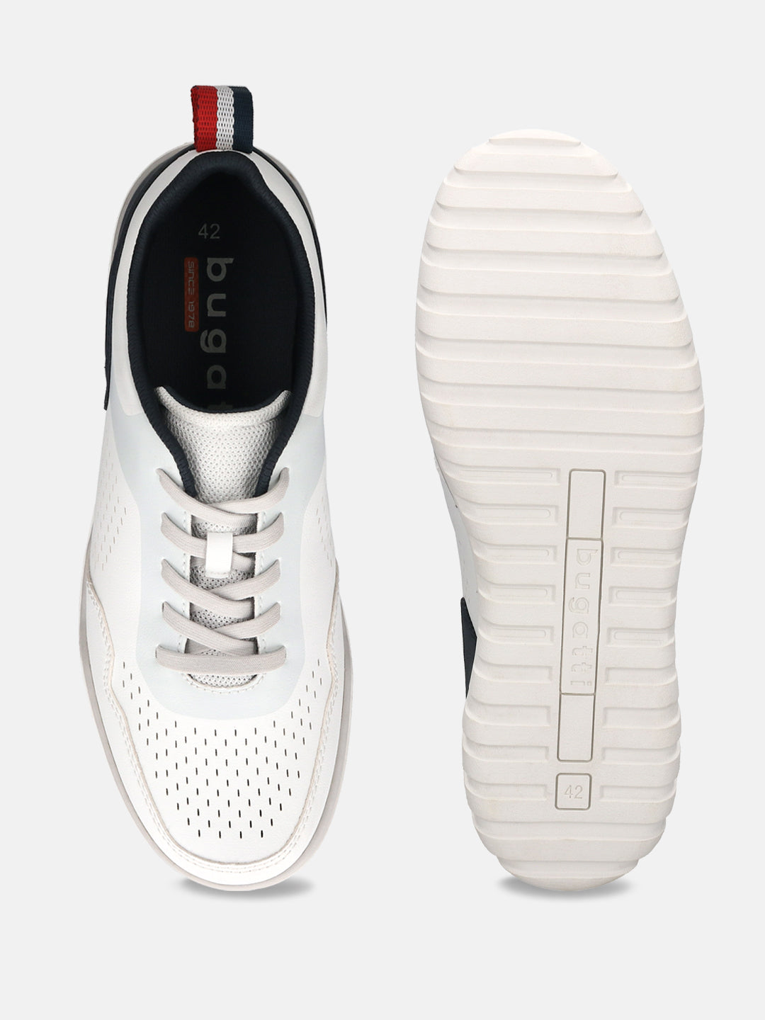 Bugatti Samana white sneakers featuring perforated leather, lace-up closure, striped heel pull tab, and grooved soles.