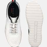 Bugatti Samana white sneakers featuring perforated leather, lace-up closure, striped heel pull tab, and grooved soles.