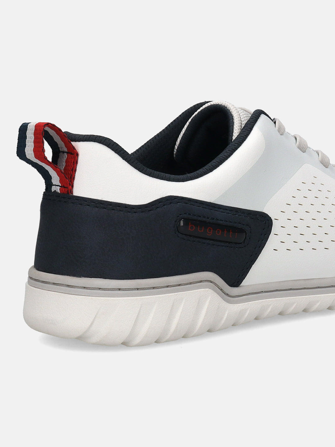 Cropped side view of a white bugatti sneaker with blue accents and a striped heel loop.